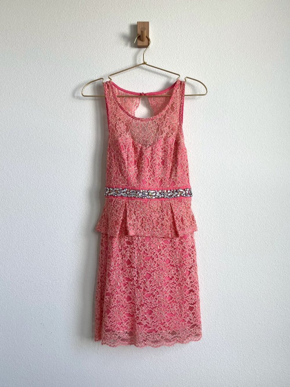 Coral Sleeveless Peplum Dress w/ Lace Overlay & Rhinestone Belt - Size 3